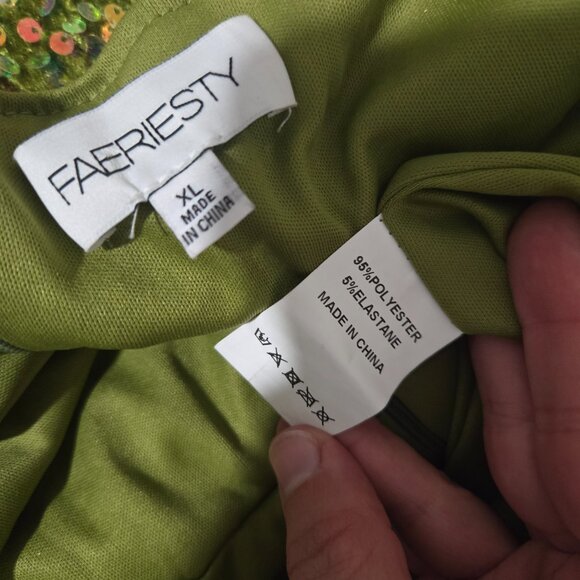 XL (10-12+) Faeriesty Chartreuse Green Velvet Off-Shoulder Mermaid Gown Sequins - Picture 3 of 8